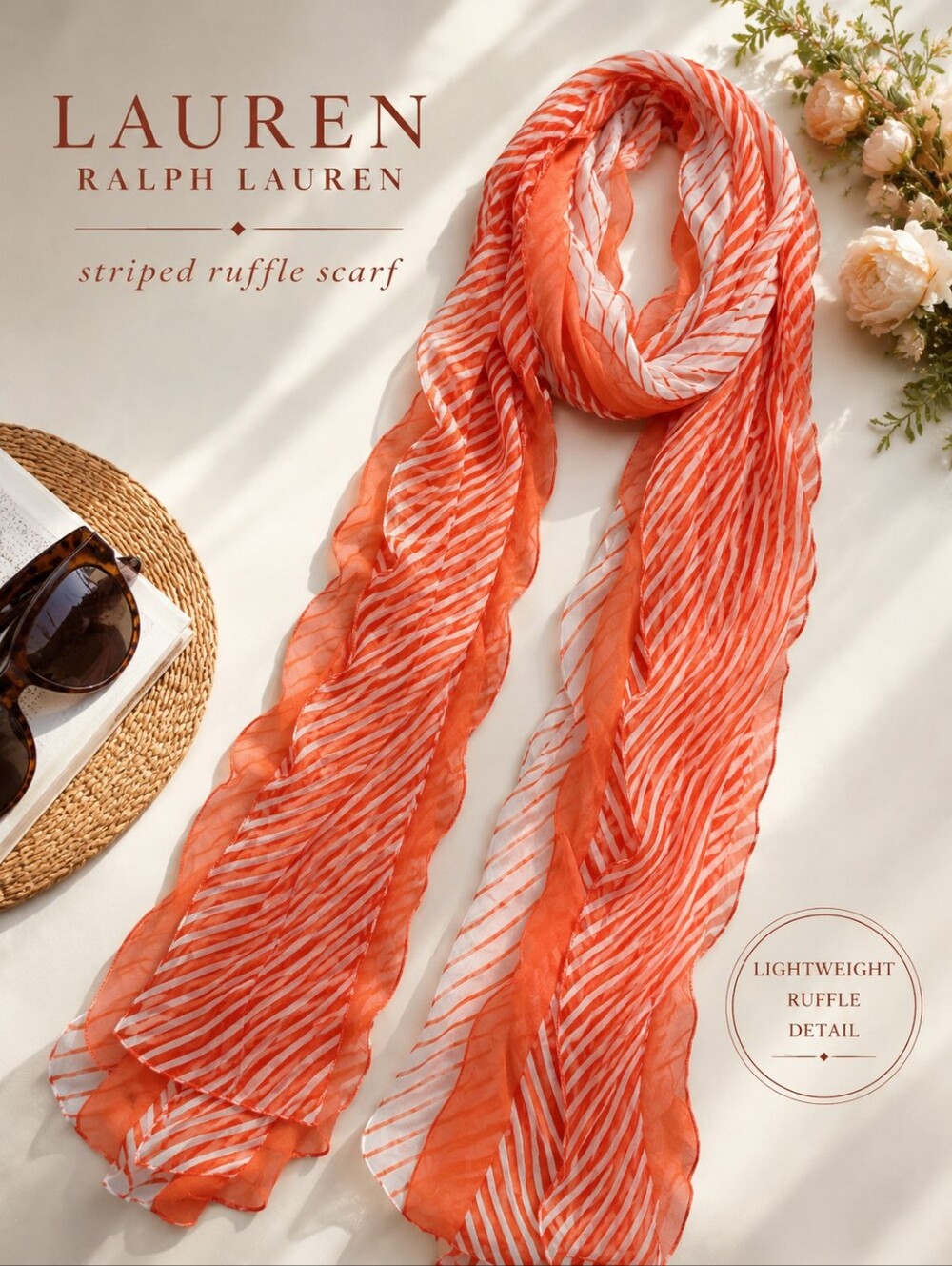 Lauren Ralph Lauren Silk Skinny Scarf Orange White Striped Ruffle 55” Preppy CC